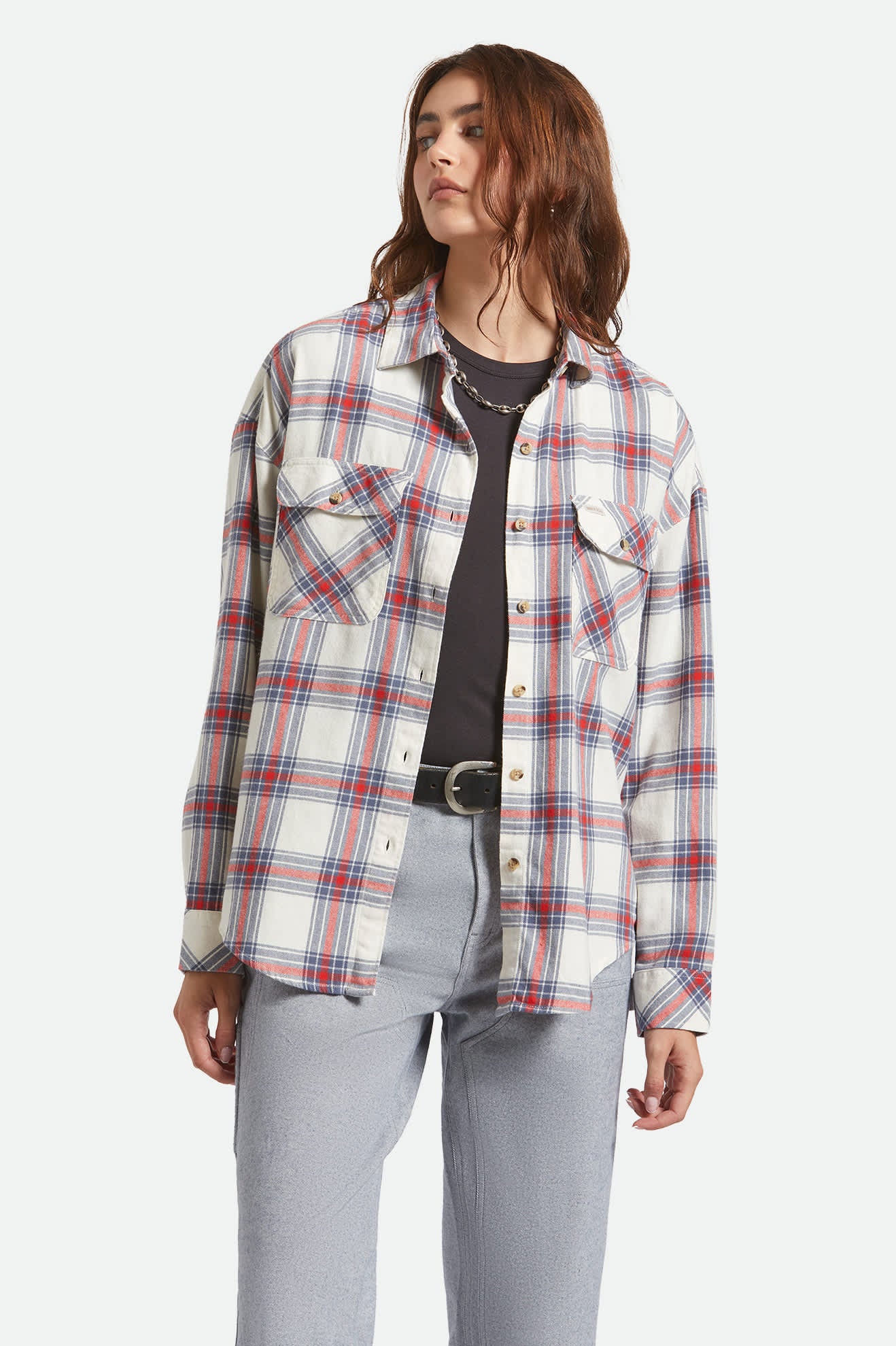 Women's Bowery Vintage Overshirt in the color Off White/Berring Sea/Red - Women's Front View