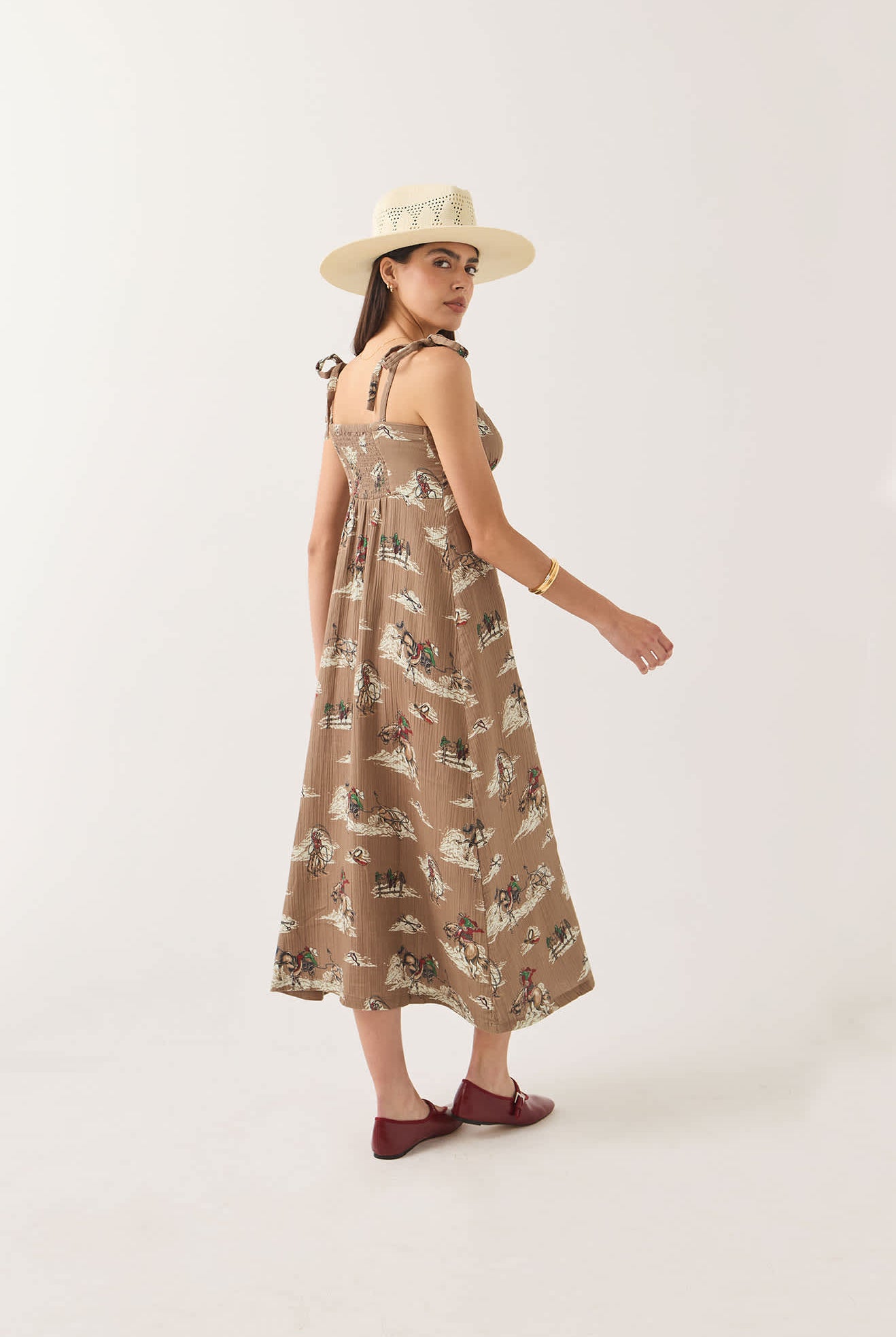 Women's The Tie Dress in the color Mid Century Cowboy Print - Women's Side View