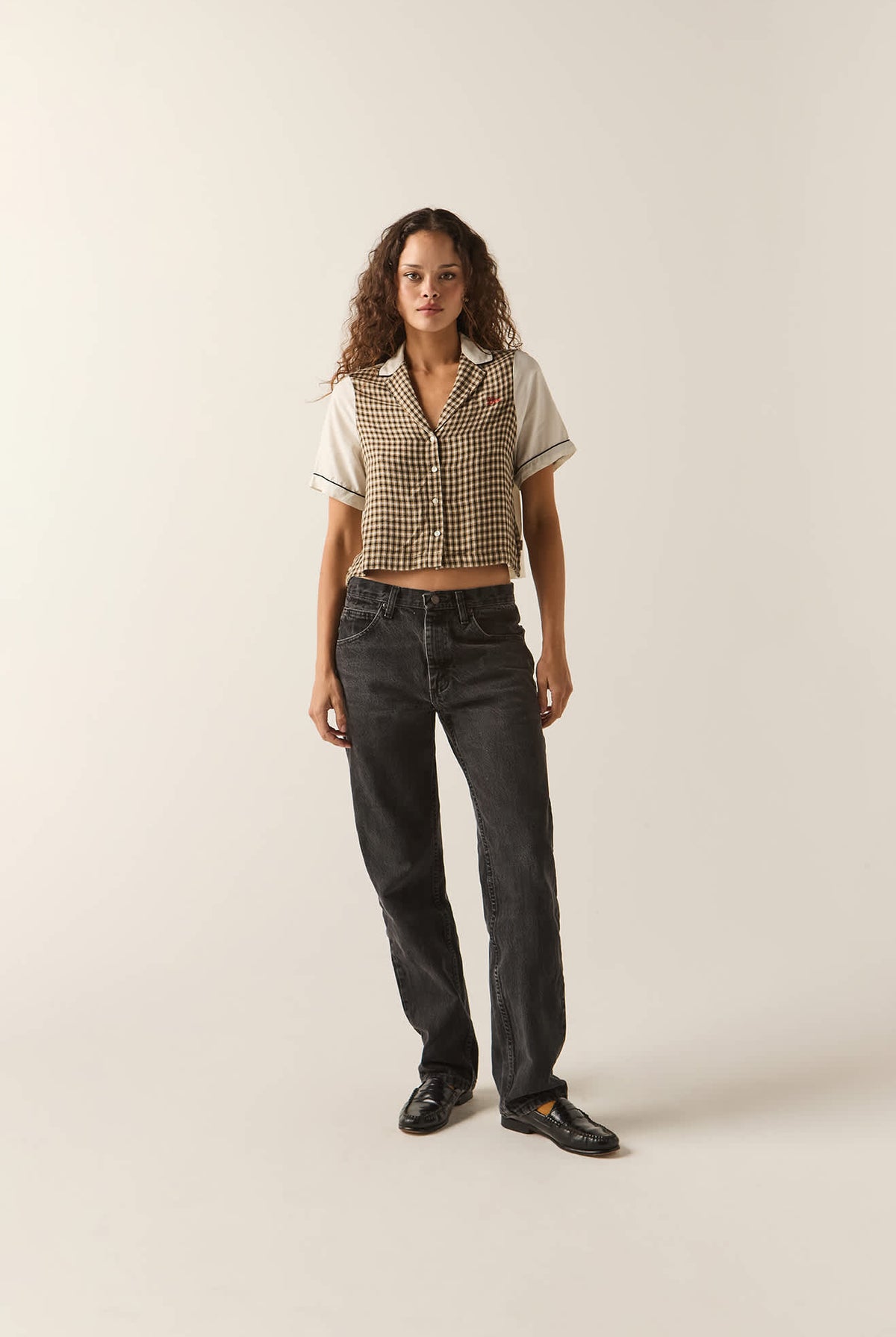 Women's Silky Bowling Button Down Shirt in the color Khaki/Off White/Black Micro - Additional Fit image