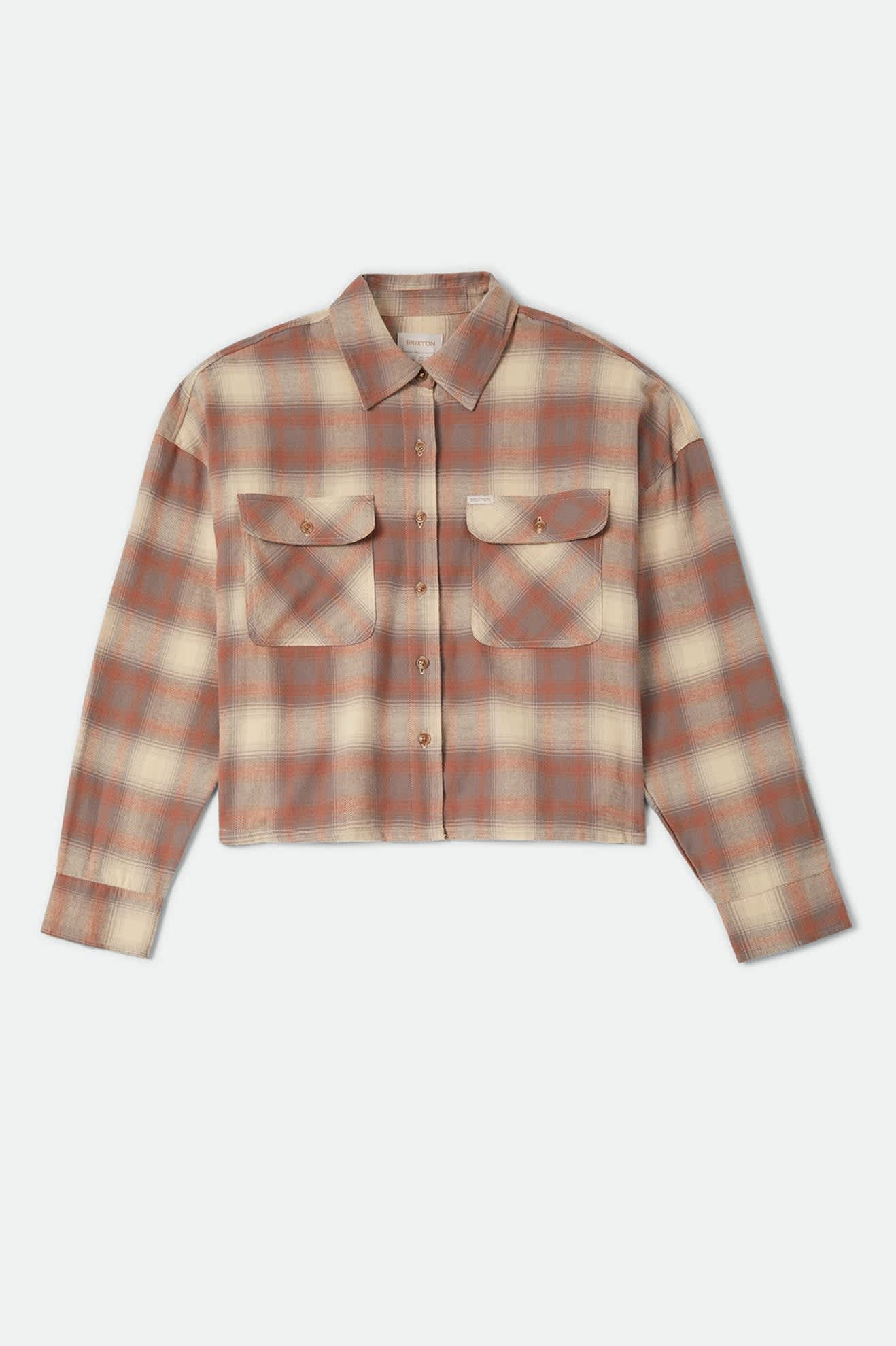 Women's Bowery Crop Women's Overshirt in the color Soft Tan Window Plaid - Front Product View
