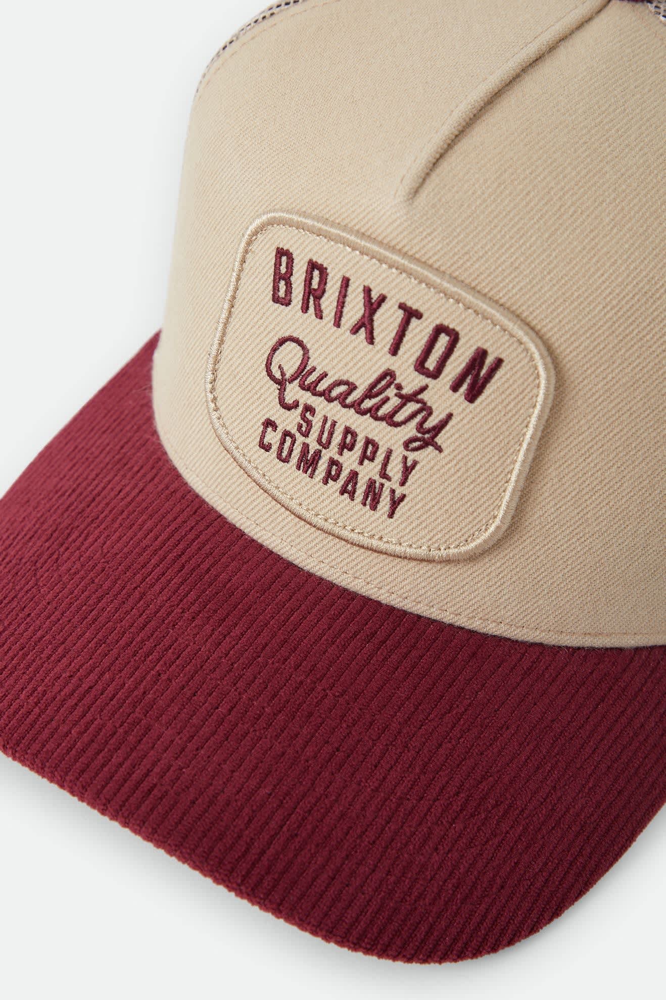 Unisex Hubal Trucker Hat in the color Oatmeal/Dark Brick Corduroy - Additional Laydown image