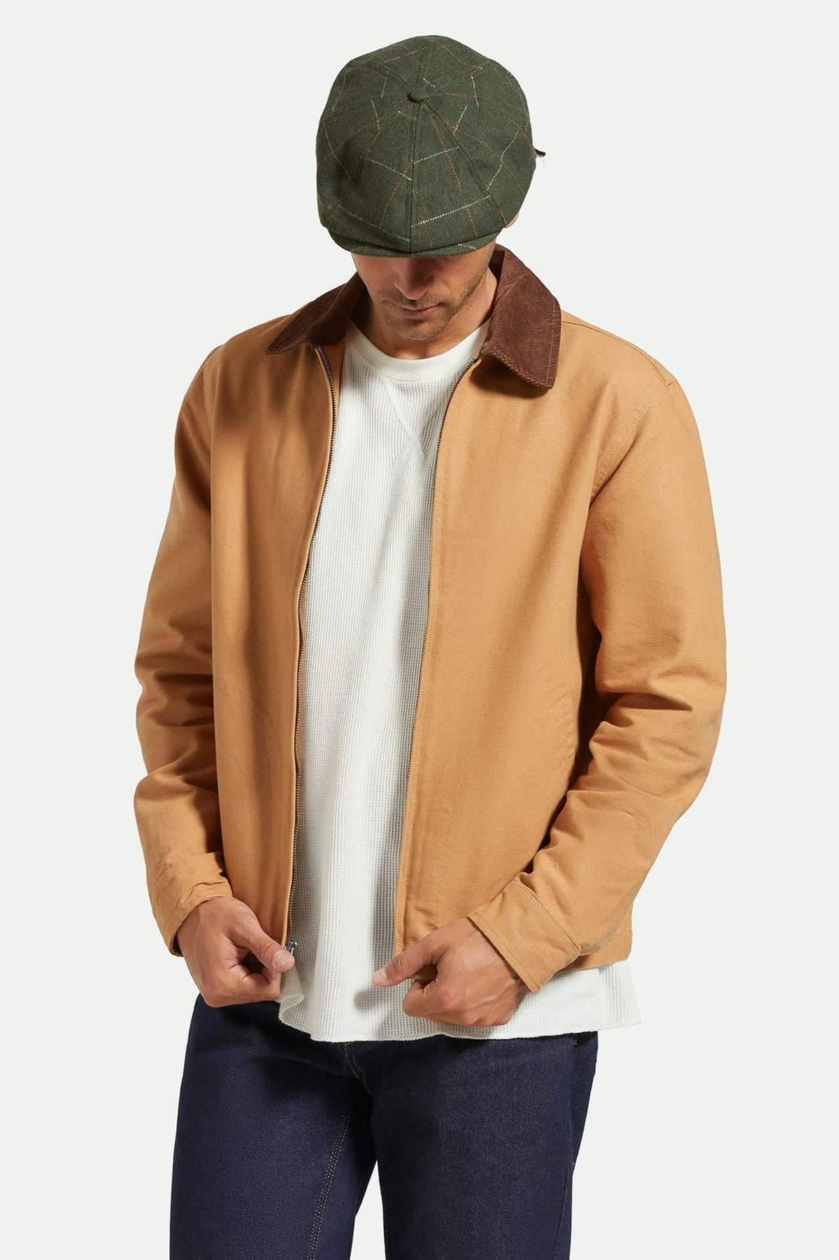 Unisex Brood Newsboy Cap in the color Moss/Orange - Men's Side View