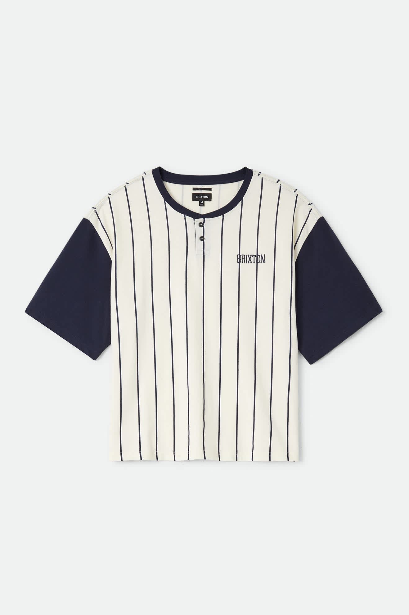 Men's Boxy Baseball T-Shirt in the color Off White Stripe/Washed Navy - Front Product View