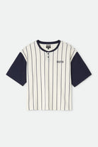 Men's Boxy Baseball T-Shirt in the color Off White Stripe/Washed Navy - Front Product View
