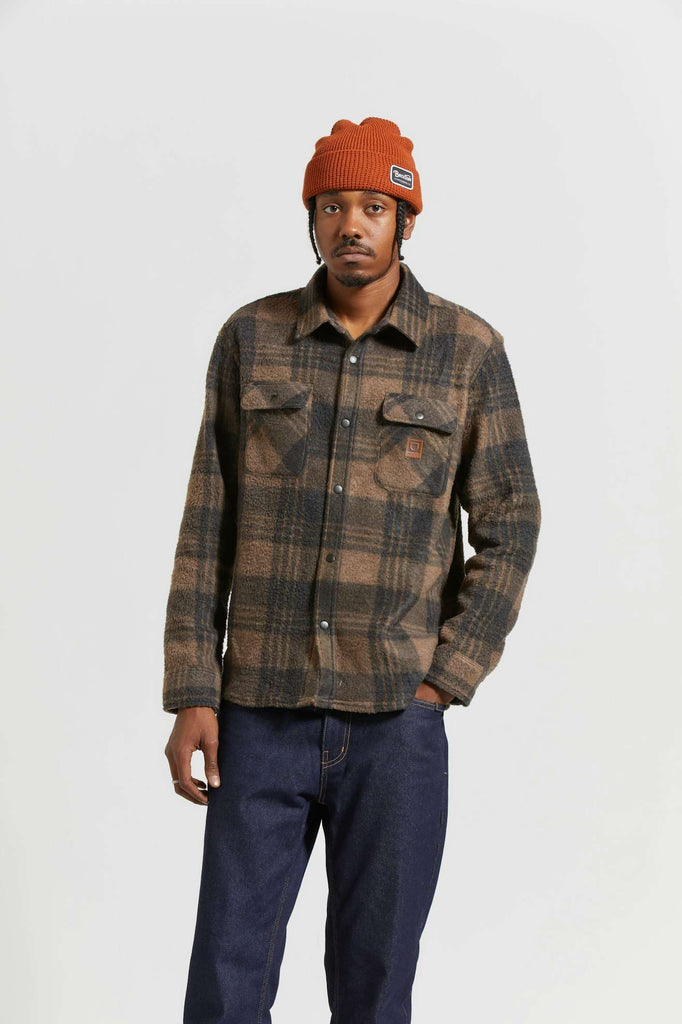 Men's Fit, front | Bowery Arctic Stretch L/S Fleece - Burro Brown/Black Plaid