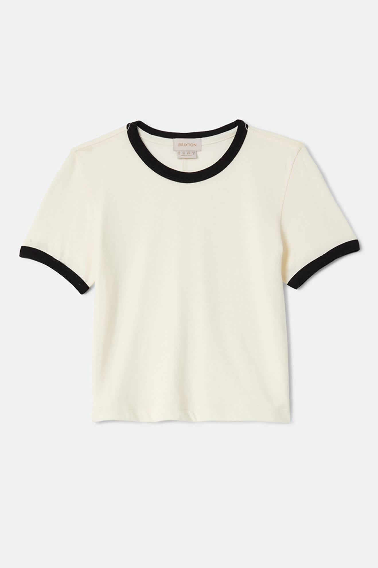 Women's Carefree Organic Garment Dye Ringer T-Shirt in the color Off White/Black - Front Product View