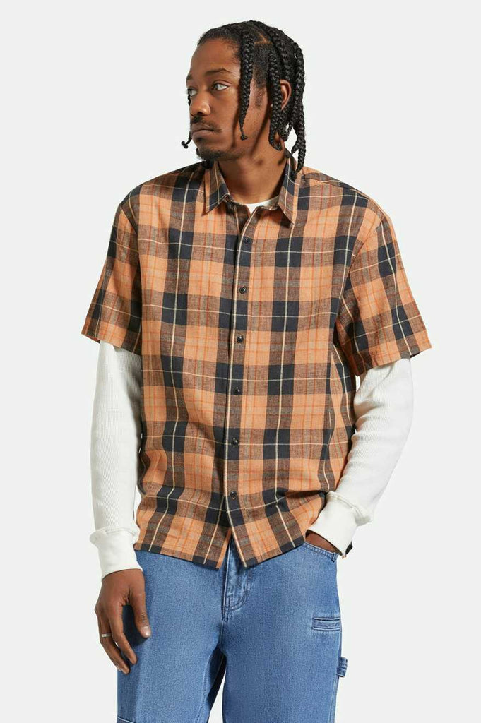 Brixton Cru Linen Blend Relaxed S/S Woven Shirt - Black/Rust Orange