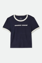 Women's Smoke Show Baby T-Shirt in the color Washed Navy/Whitecap - Front Product View