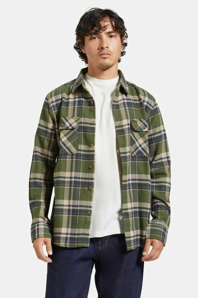 Brixton Bowery L/S Flannel - Cypress Green/Washed Navy/Whitecap