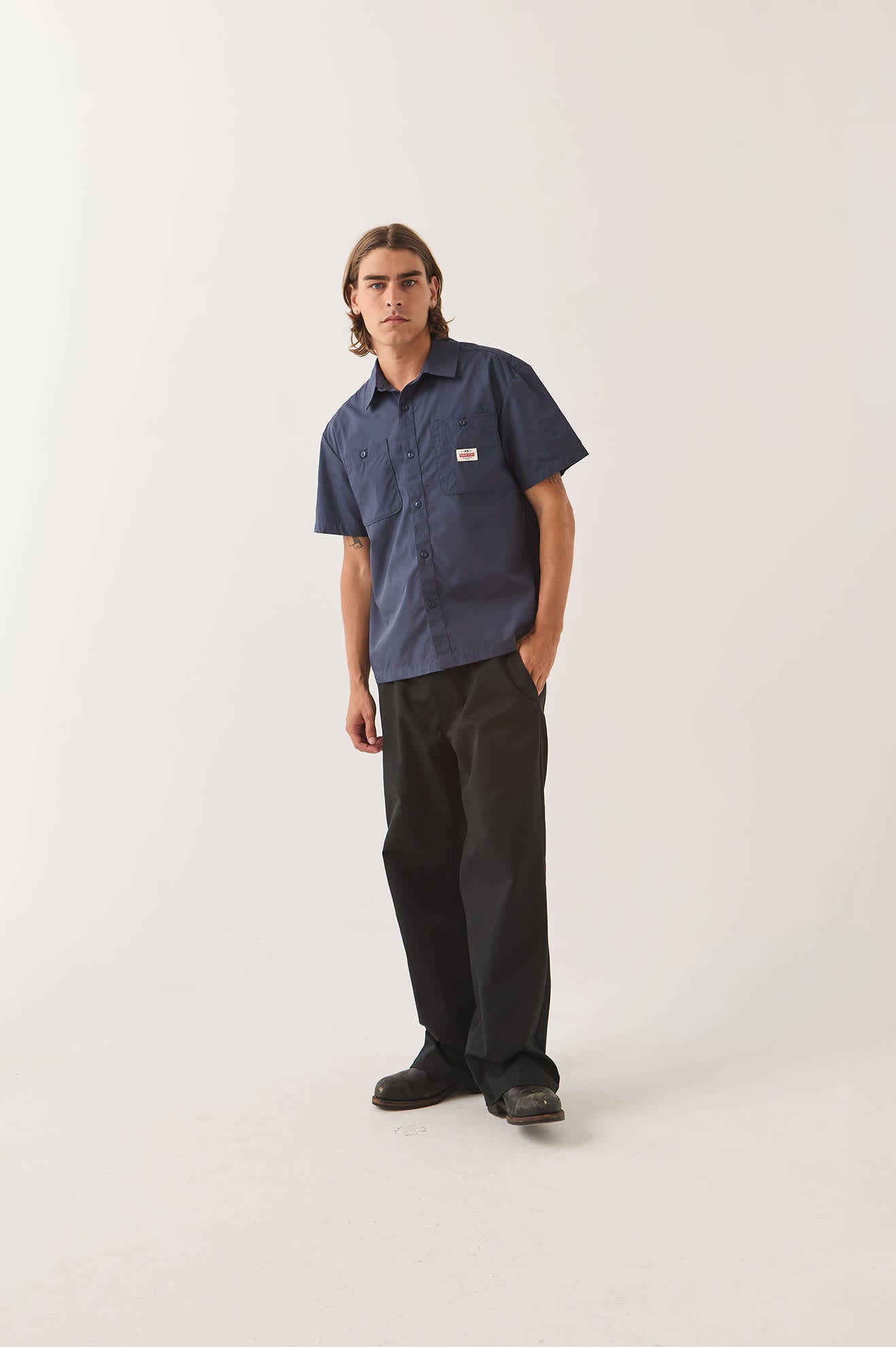 Men's Trademark Short Sleeve Shirt in the color Washed Navy - Men's Front View
