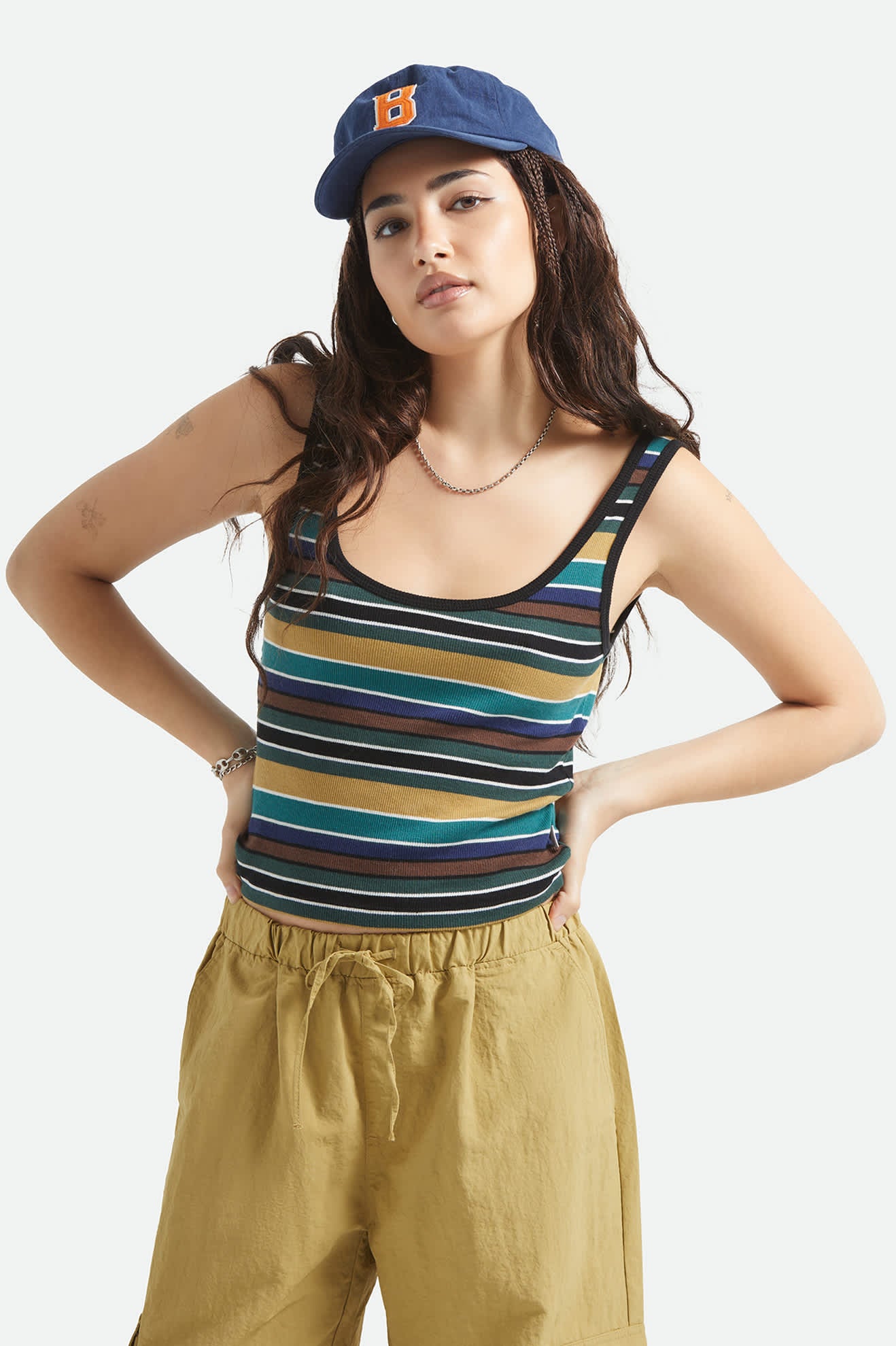Women's Ringer Organic A-Tank in the color Multi Retro Stripe - Women's Front View