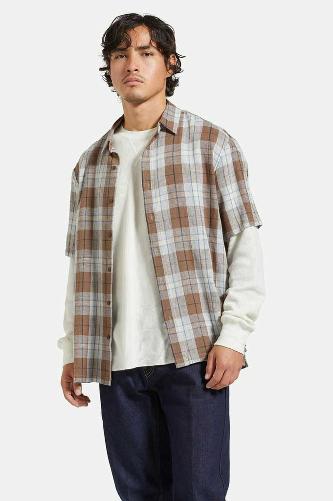 Brixton Cru Linen Blend Relaxed S/S Woven Shirt - Pinecone Brown/Coronet Blue