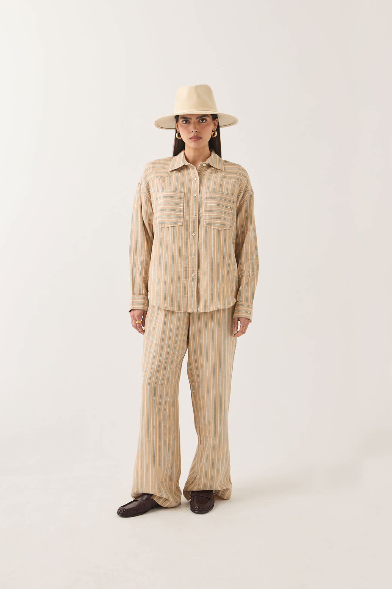 Women's Wayne Women's Shirt in the color Sand Stripe - Women's Front View