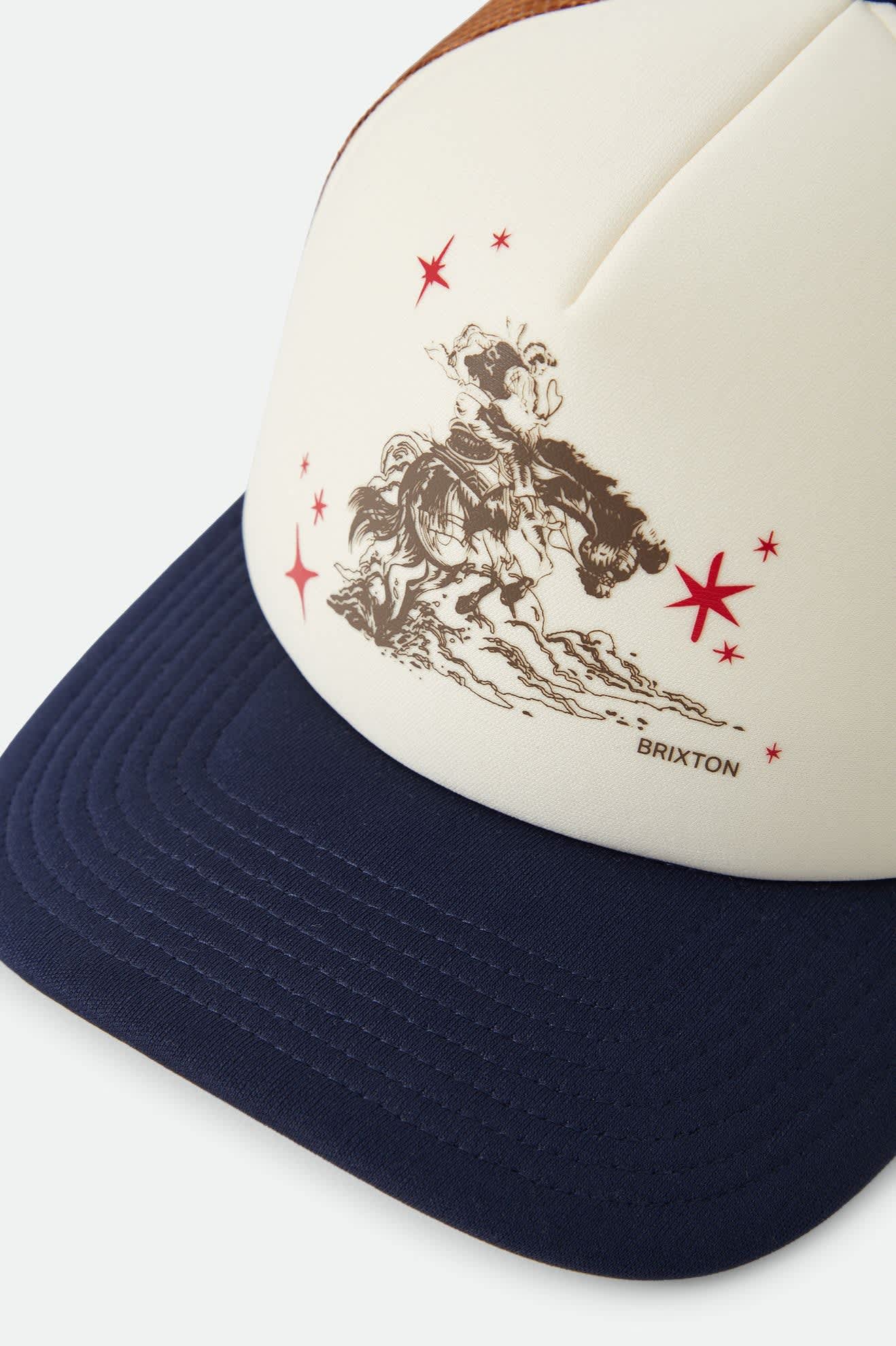 Unisex Mid Century Ranch Trucker Hat in the color Off White/Washed Navy/Caramel - Additional Laydown image
