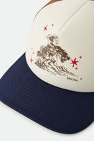 Unisex Mid Century Ranch Trucker Hat in the color Off White/Washed Navy/Caramel - Additional Laydown image