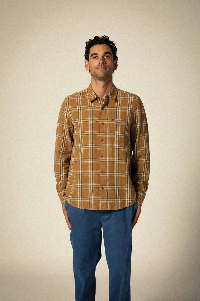 Men's Charter Linen Blend S/S Shirt in the color Washed Copper/Whitecap Plaid - Men's Front View