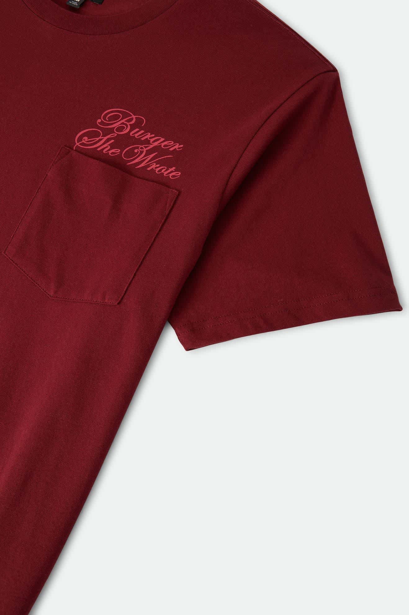 Men's Burger She Wrote Pocket T-Shirt in the color Burgundy - Additional Laydown image