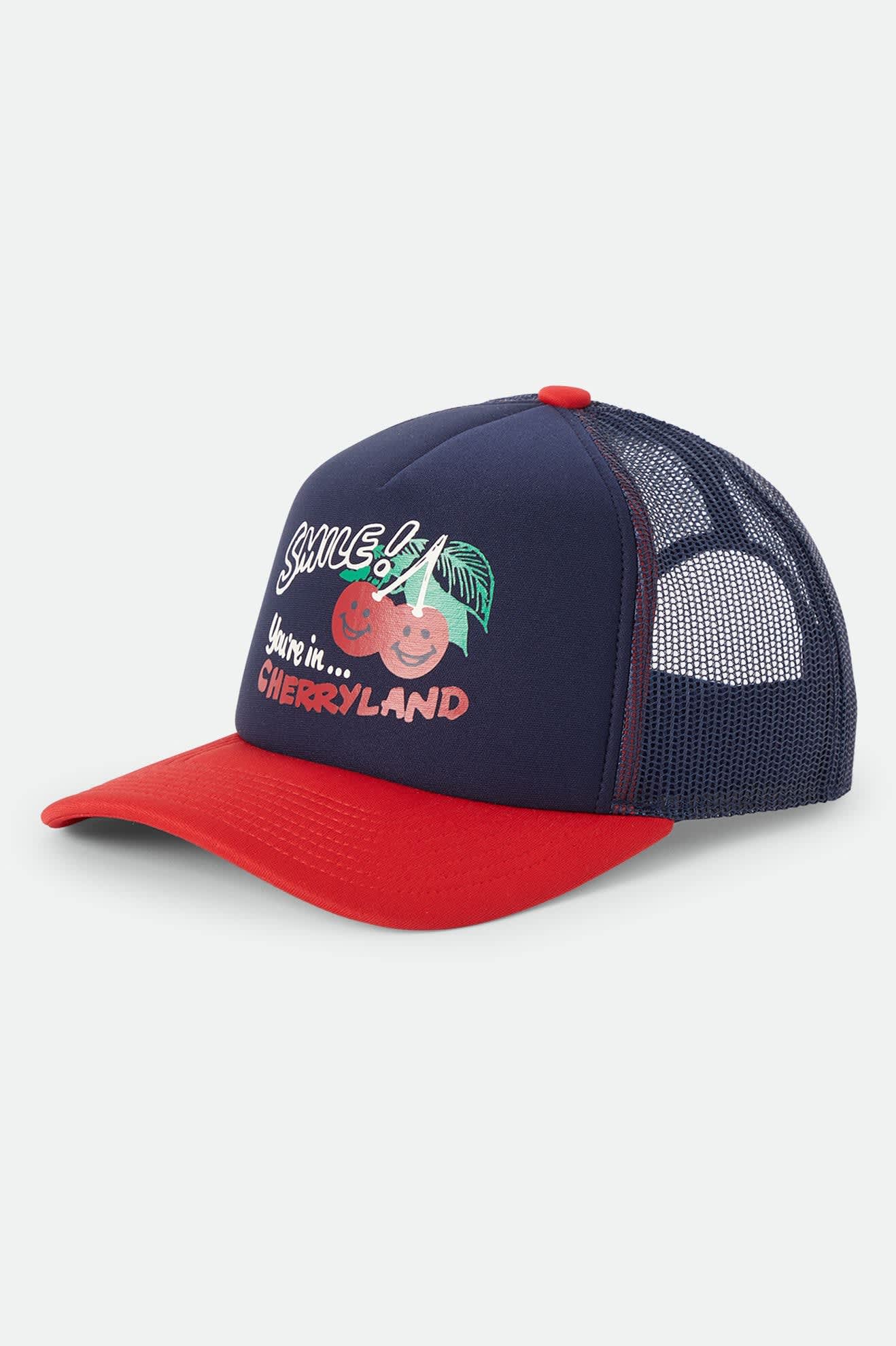 Unisex Cherryland Trucker Hat in the color Washed Navy/Crimson - Front Product View