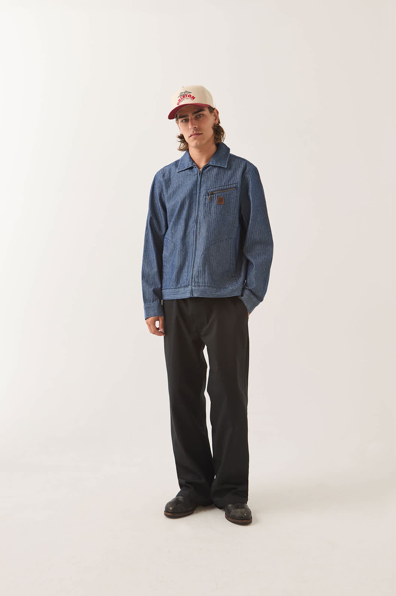 Men's Mechanic Garage Zip Jacket in the color Indigo Herringbone - Men's Front View