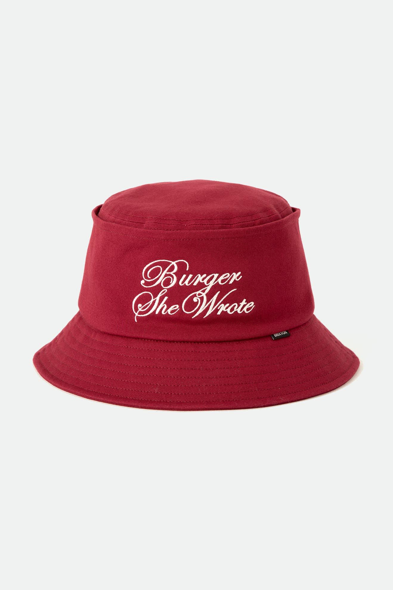 Unisex Burger She Wrote Bucket Hat in the color Burgundy - Additional Laydown image