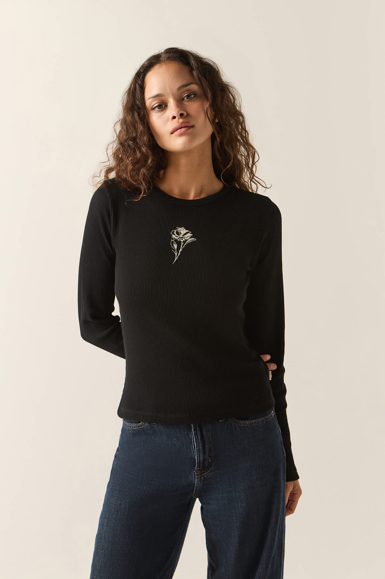 Women's La Rosa Waffle Knit Top in the color Black - Women's Front View