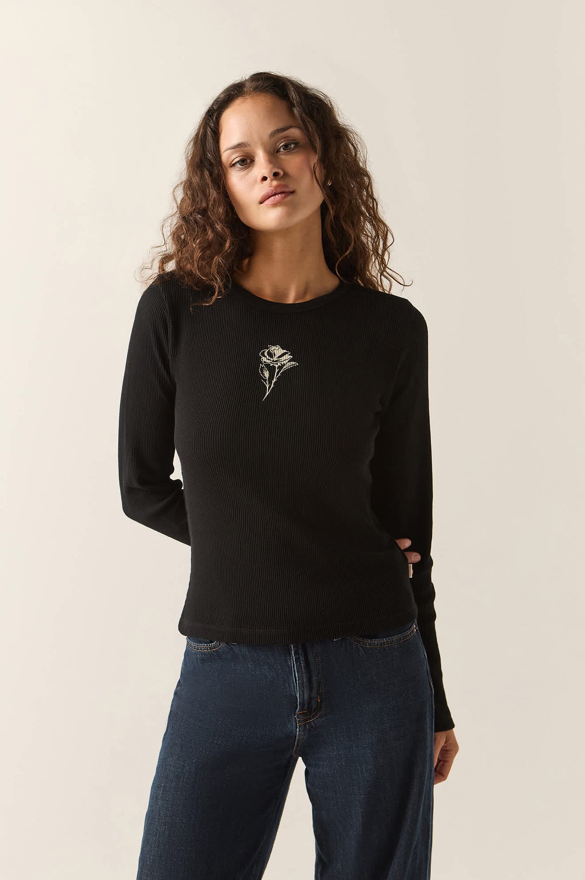 Women's La Rosa Waffle Knit Top in the color Black - Women's Front View