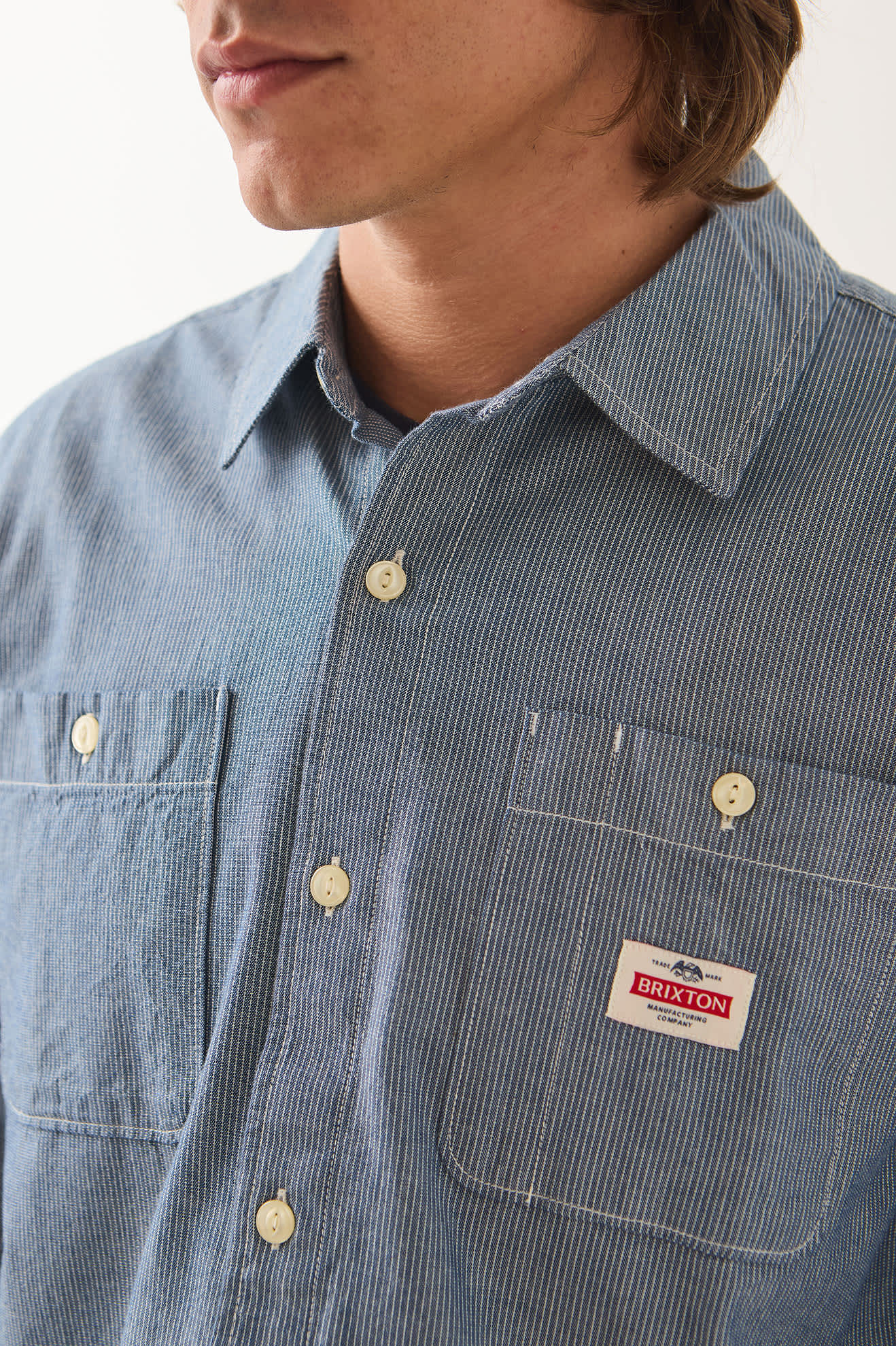 Men's Trademark Long Sleeve Shirt in the color Blue Chambray Micro Stripe - Additional Fit image