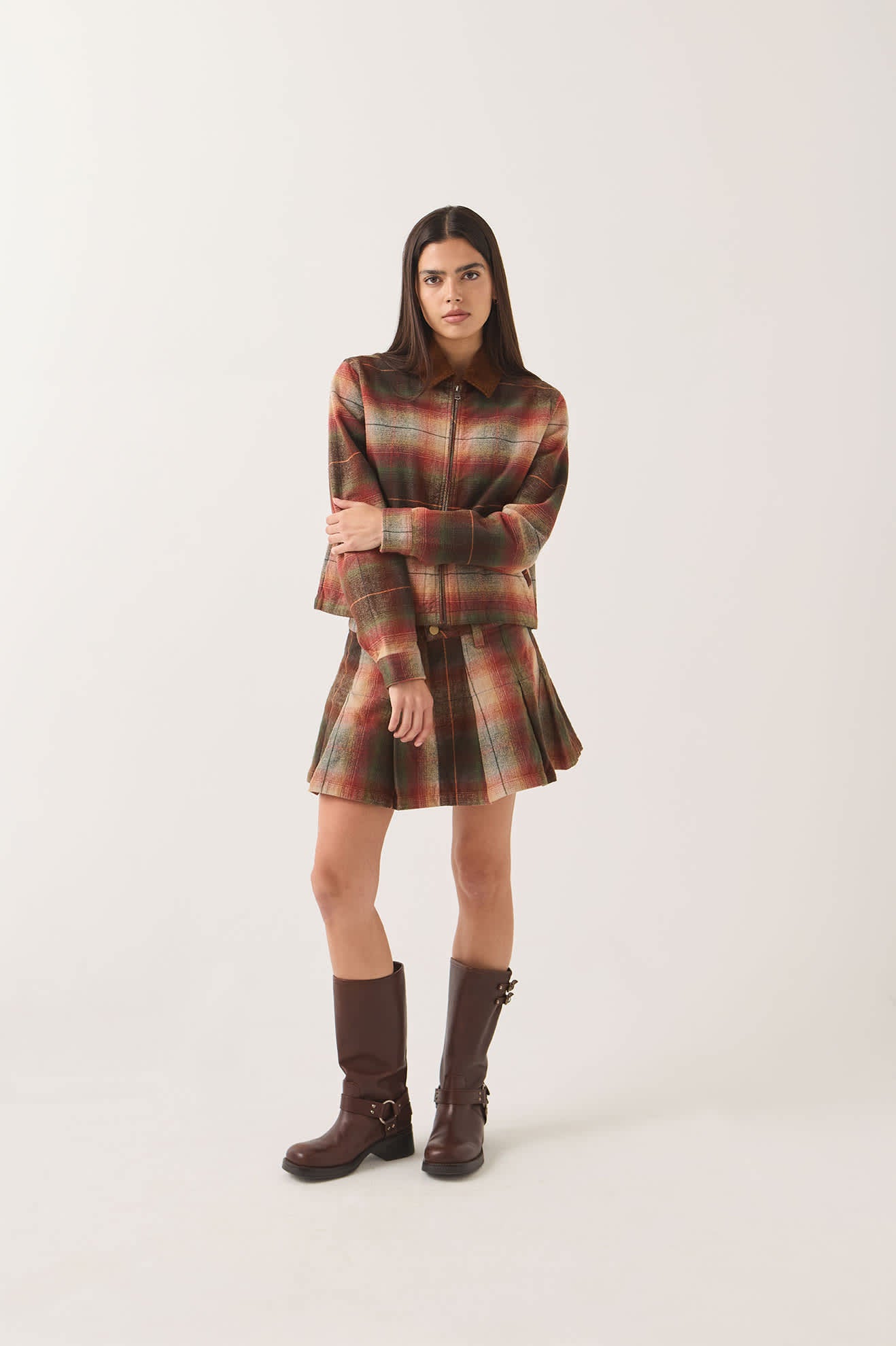 Women's Pleated Mini Skirt in the color Multi Shadow - Women's Front View