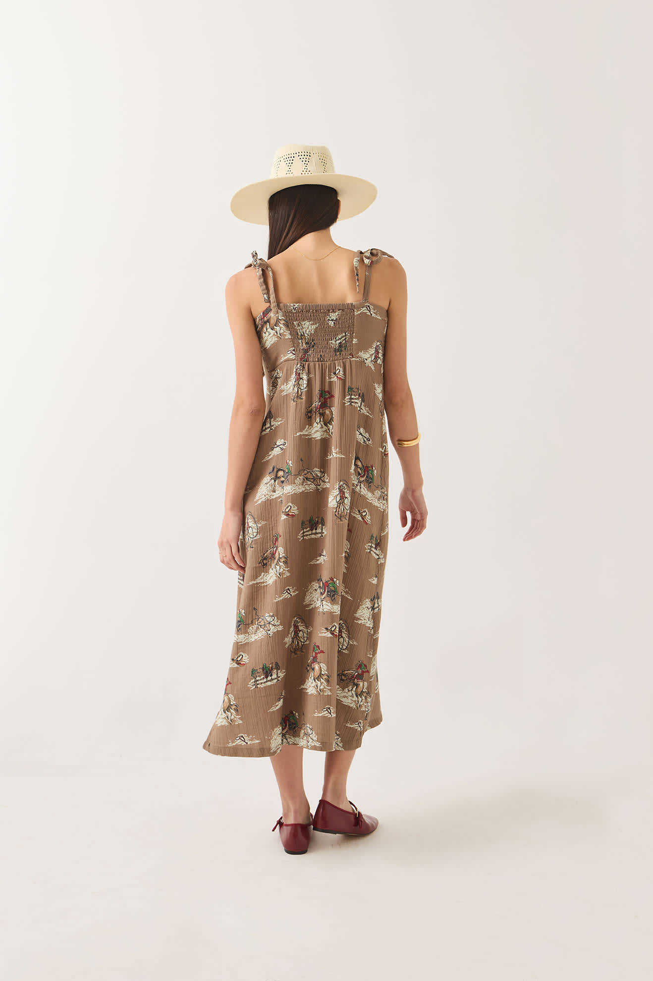 Women's The Tie Dress in the color Mid Century Cowboy Print - Women's Back View