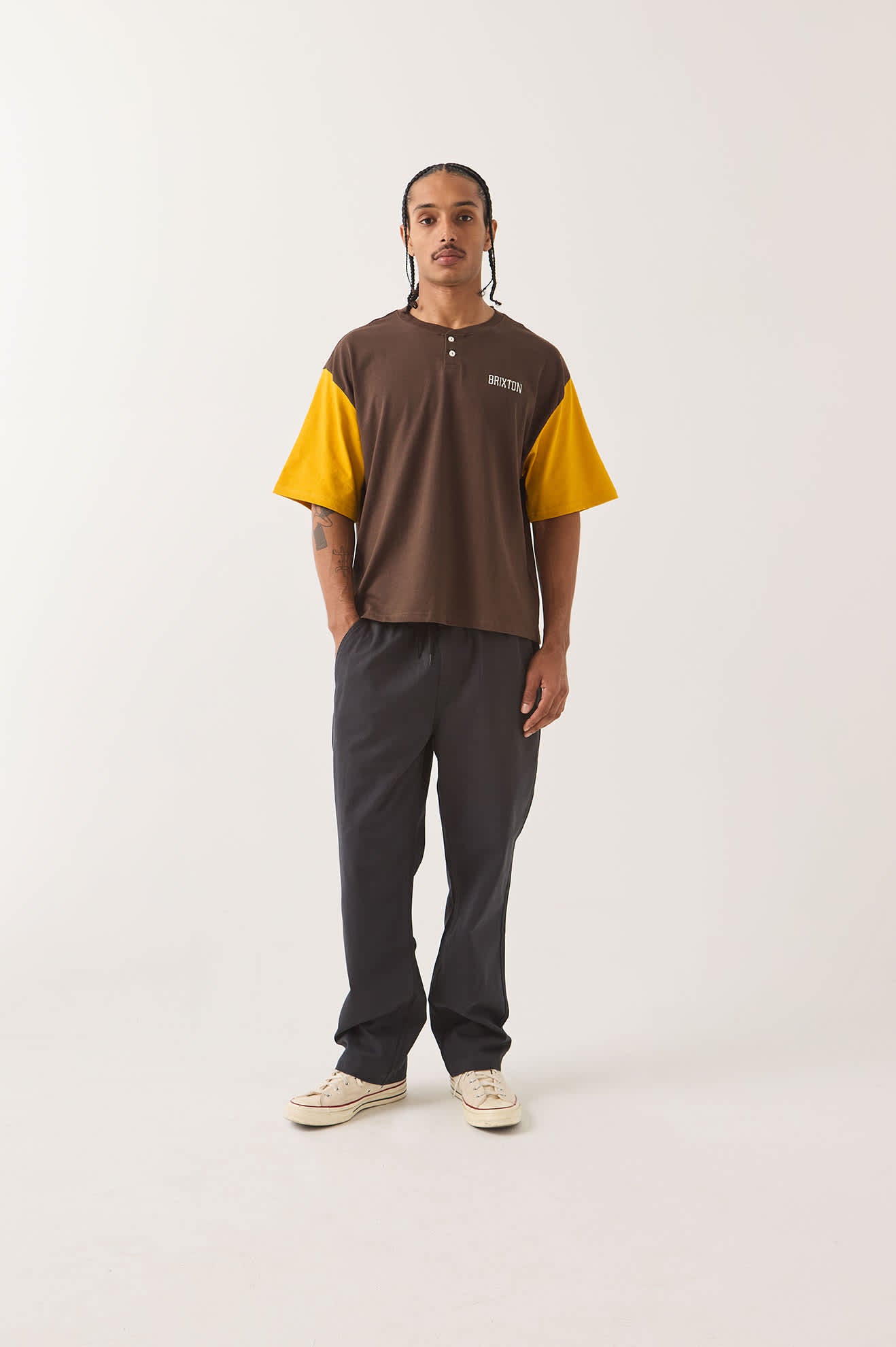 Men's Boxy Baseball T-Shirt in the color Walnut Brown/Golden Hour - Men's Front View