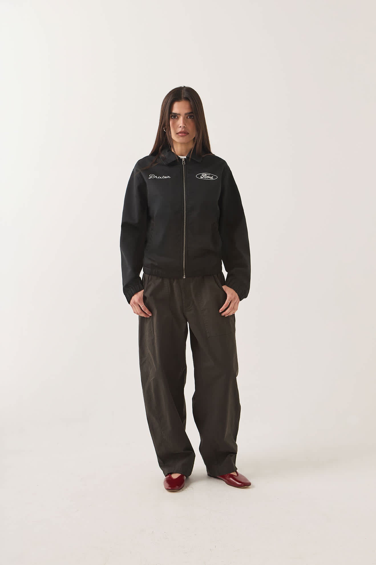Unisex Ford Built Tough Harrington Jacket in the color Burnt Rubber - Women's Front View