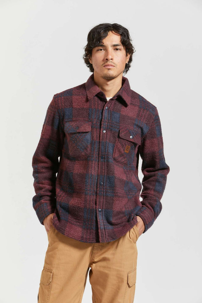 Men's Fit, front | Bowery Arctic Stretch L/S Fleece - Cordovan Red/Washed Navy Plaid