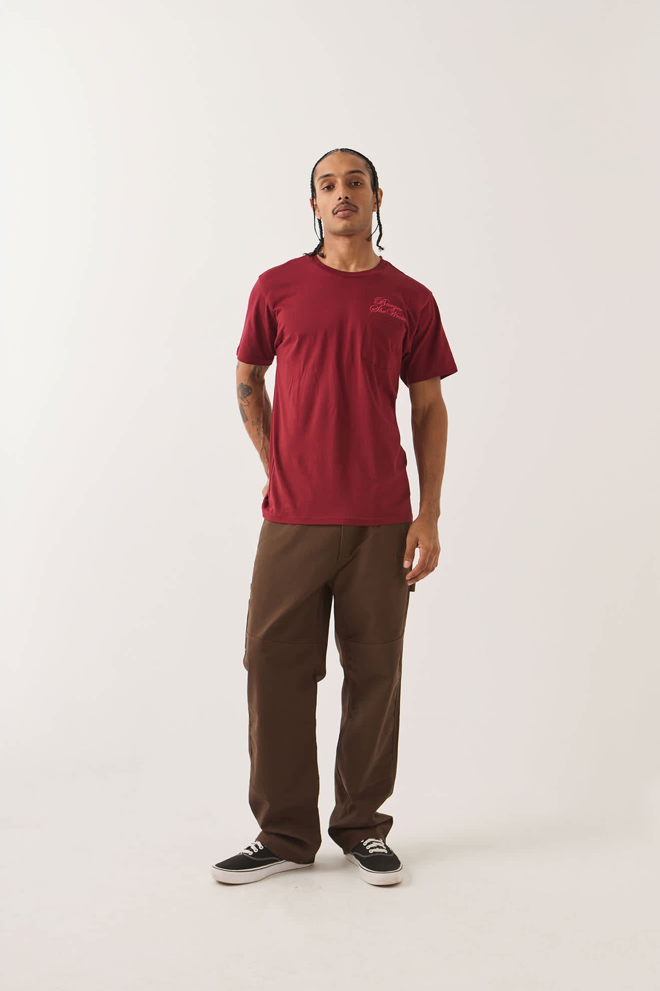 Men's Burger She Wrote Pocket T-Shirt in the color Burgundy - Men's Front View