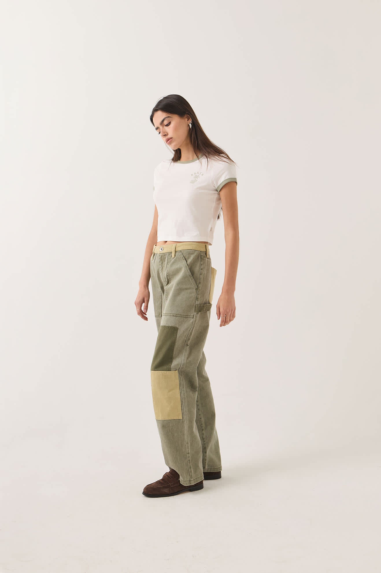 Women's Essex Patchwork Painter Pant in the color Vintage Olive Patchwork - Women's Side View