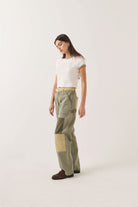 Women's Essex Patchwork Painter Pant in the color Vintage Olive Patchwork - Women's Side View