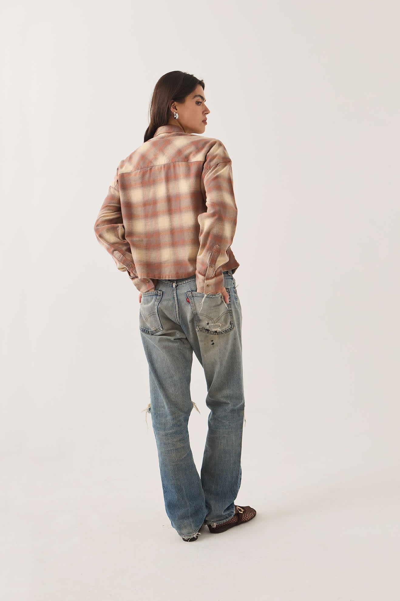 Women's Bowery Crop Women's Overshirt in the color Soft Tan Window Plaid - Women's Back View