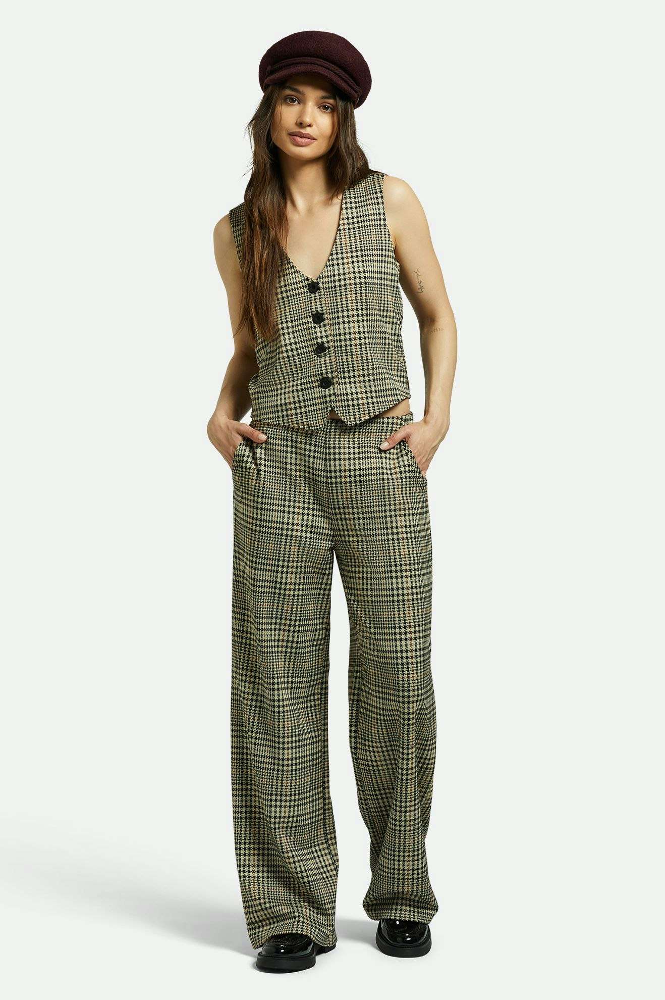 Brixton Women's Menswear Plaid Leisure Trouser Pant - Winter White/Black Plaid | Front fit