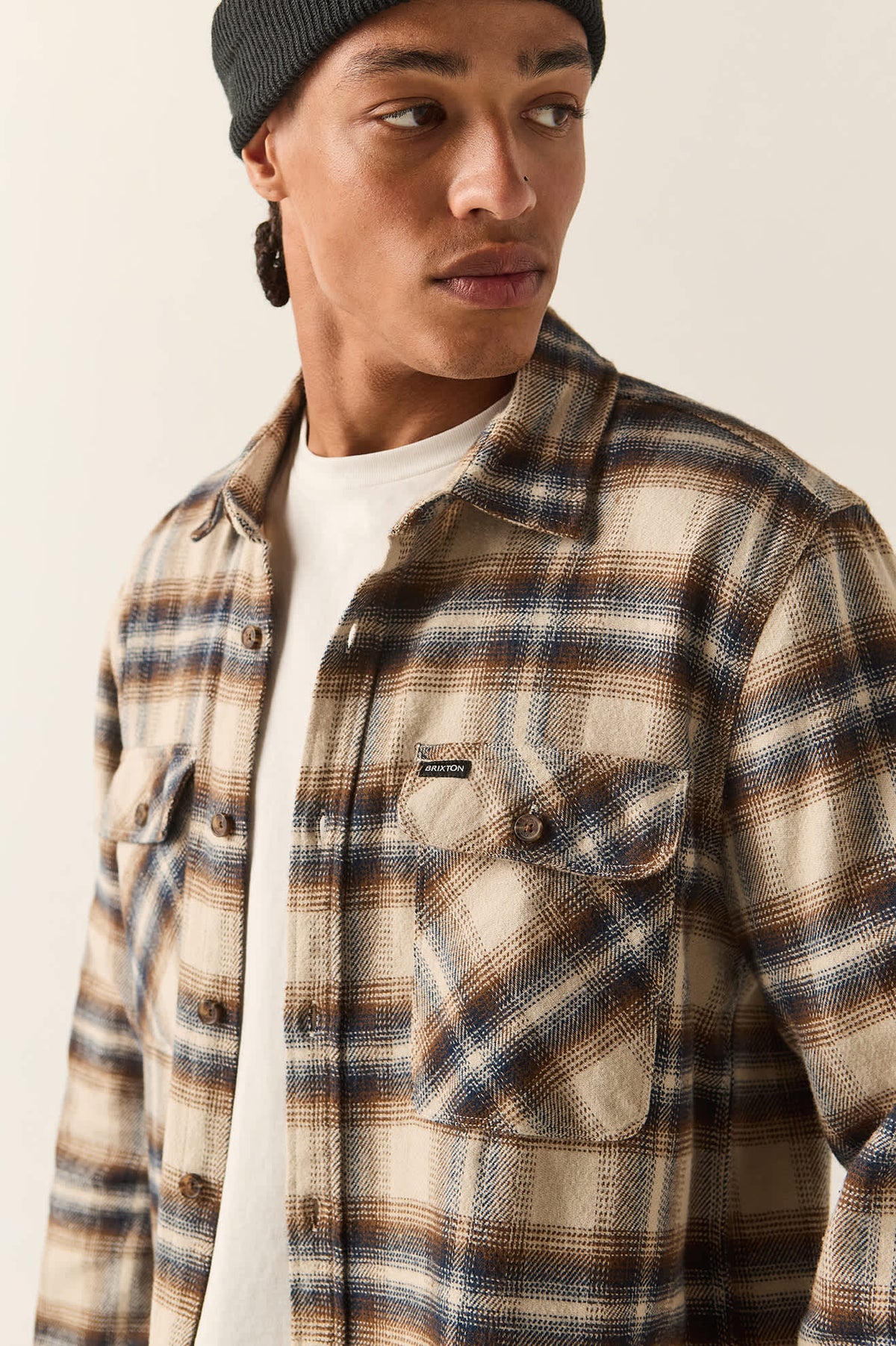 Men's Bowery Flannel in the color Soft Brown Plaid - Additional Fit image