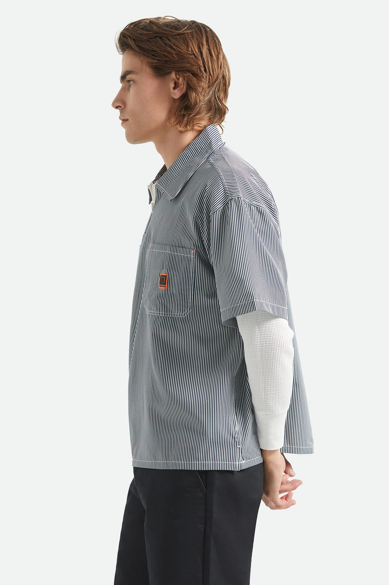 Men's Journey Lightweight 1/2 Zip Cropped Short Sleeve Shirt in the color Navy/White Stripe - Men's Side View