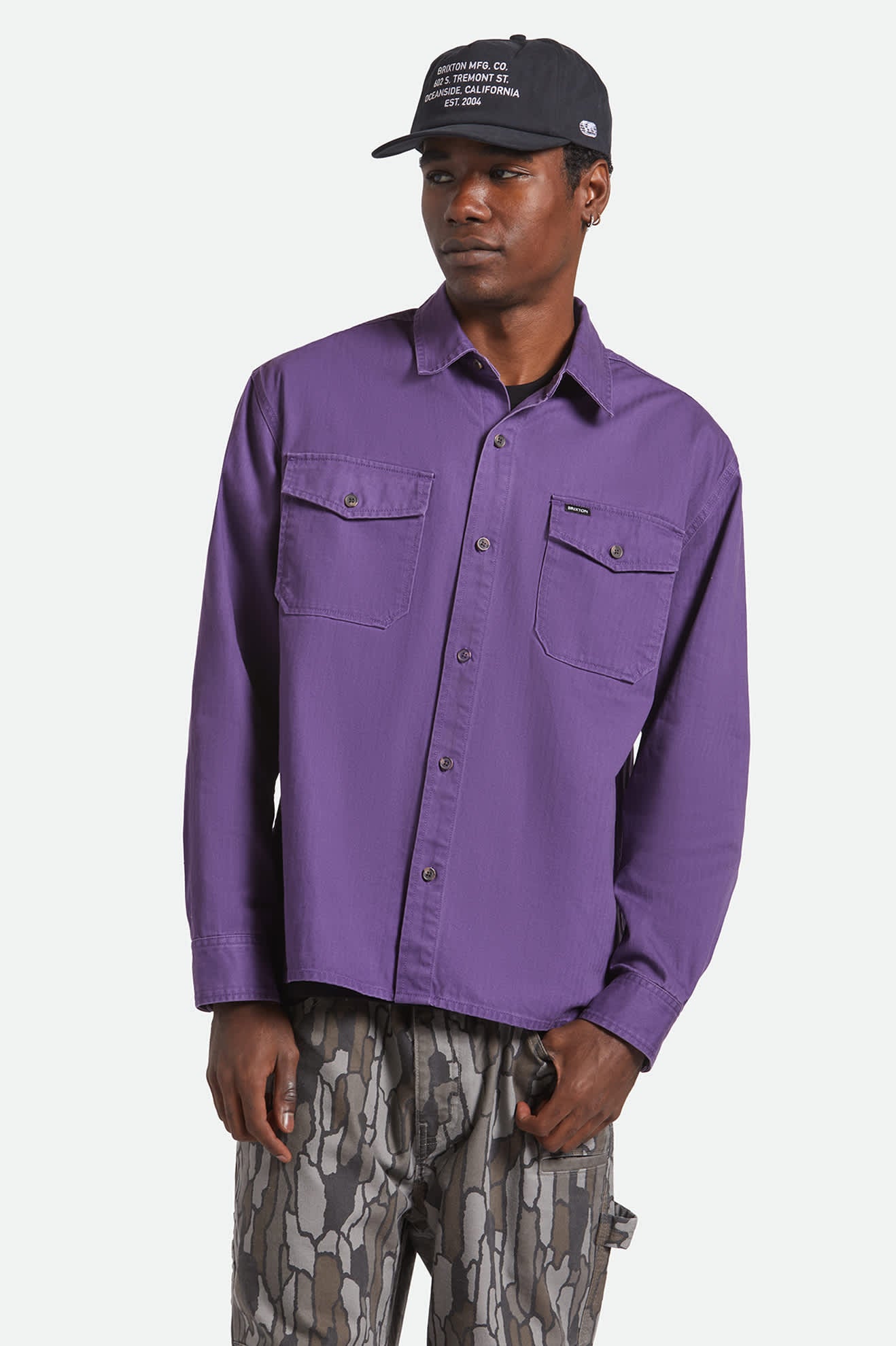 Men's Herringbone Relaxed L/S Overshirt in the color Punk Purple Herringbone - Men's Front View