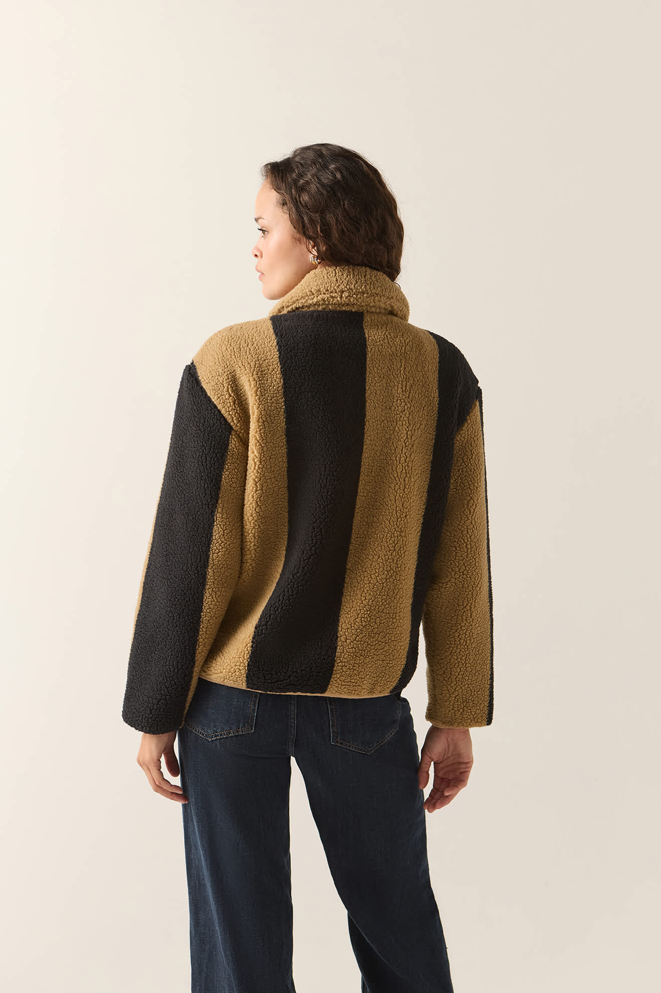 Women's Delilah Sherpa Jacket in the color Khaki/Black Stripe - Women's Back View