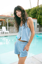 Women's The Weekend Cross Loop French Terry Top in the color Off White/Electric Indigo - Men's Lifestyle image