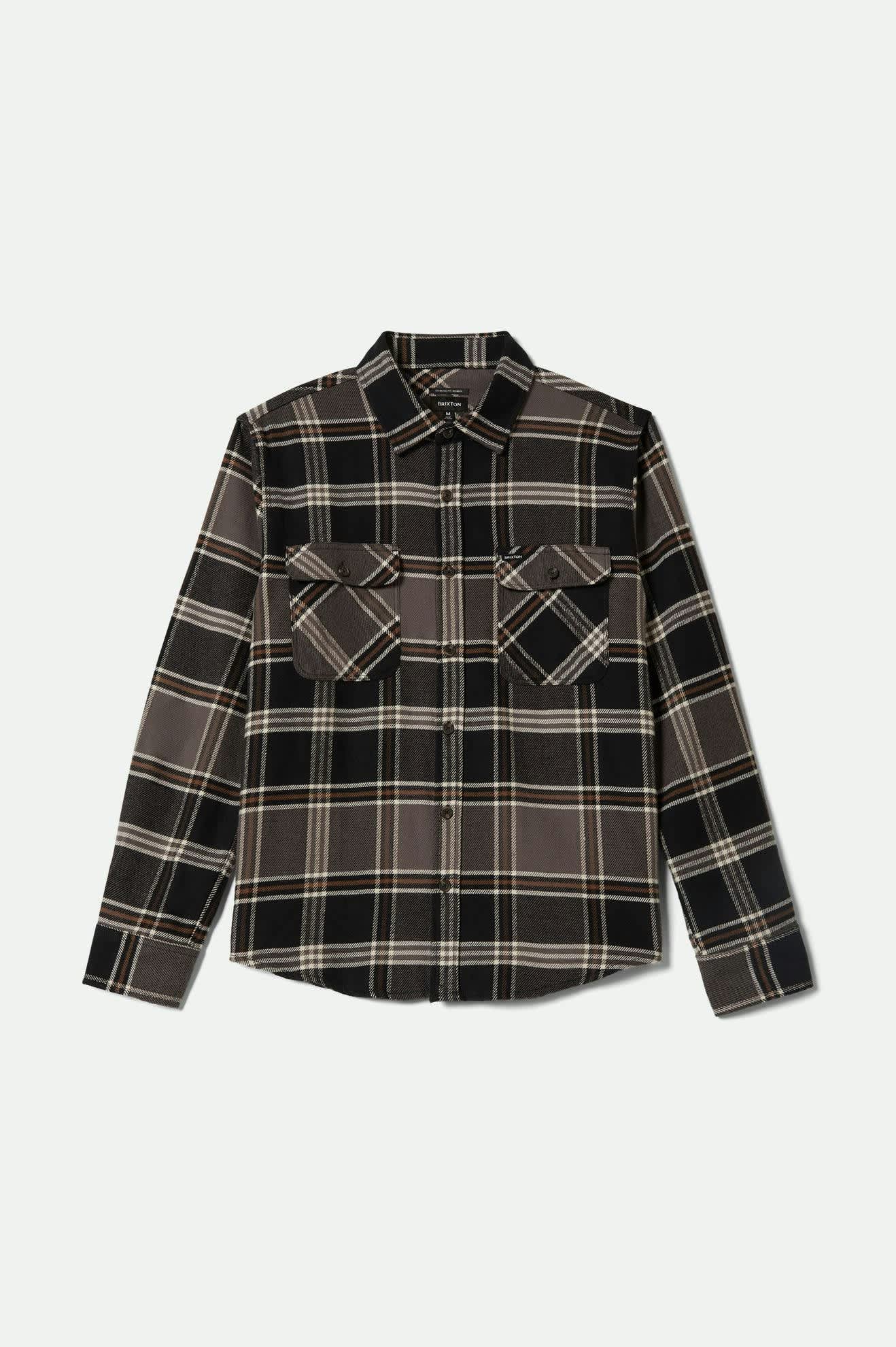 Men's Bowery L/S Flannel in the color Black/Charcoal/Pinecone - Front Product View
