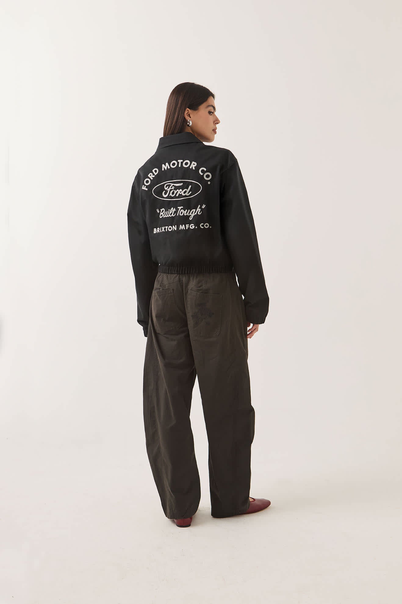 Unisex Ford Built Tough Harrington Jacket in the color Burnt Rubber - Women's Back View
