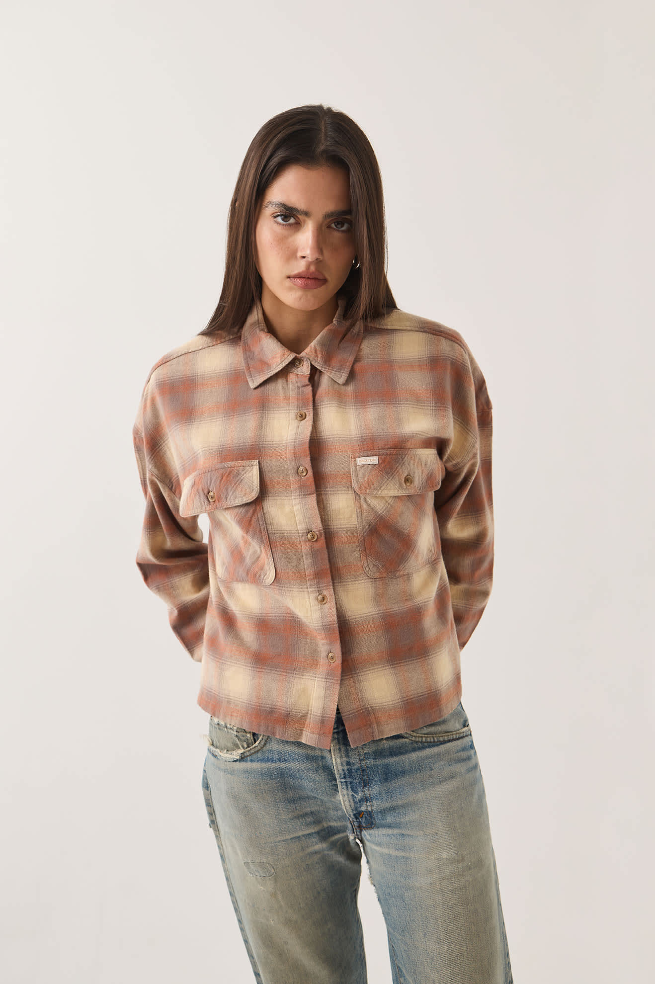 Women's Bowery Crop Women's Overshirt in the color Soft Tan Window Plaid - Additional Fit image