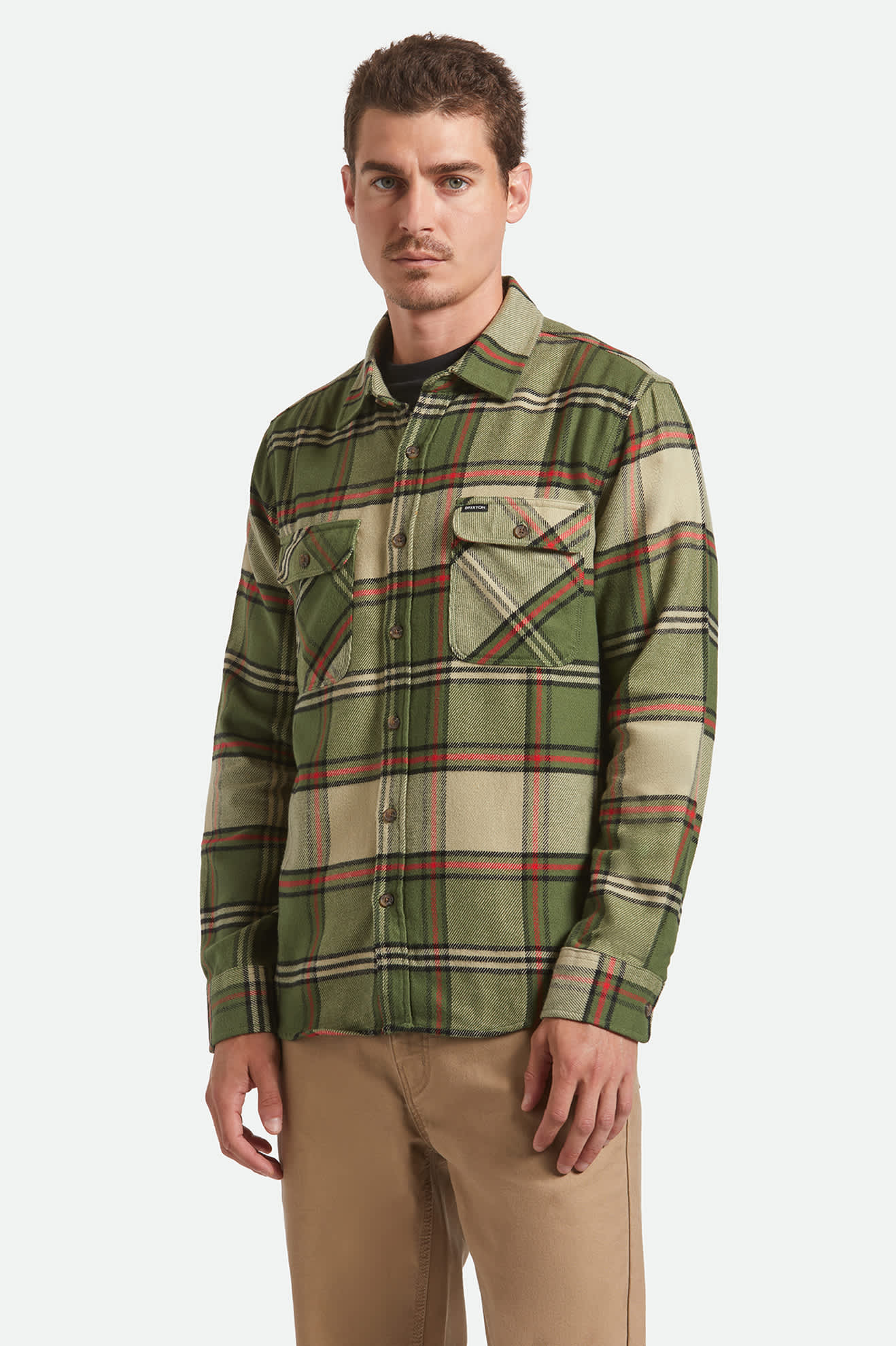 Men's Bowery L/S Flannel in the color Wild Green/Elm/Adrenaline Rush - Men's Front View