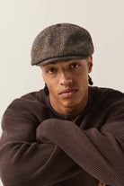 Unisex Brood Newsboy Cap in the color Slate Blue/Sepia/Orange - Men's Front View