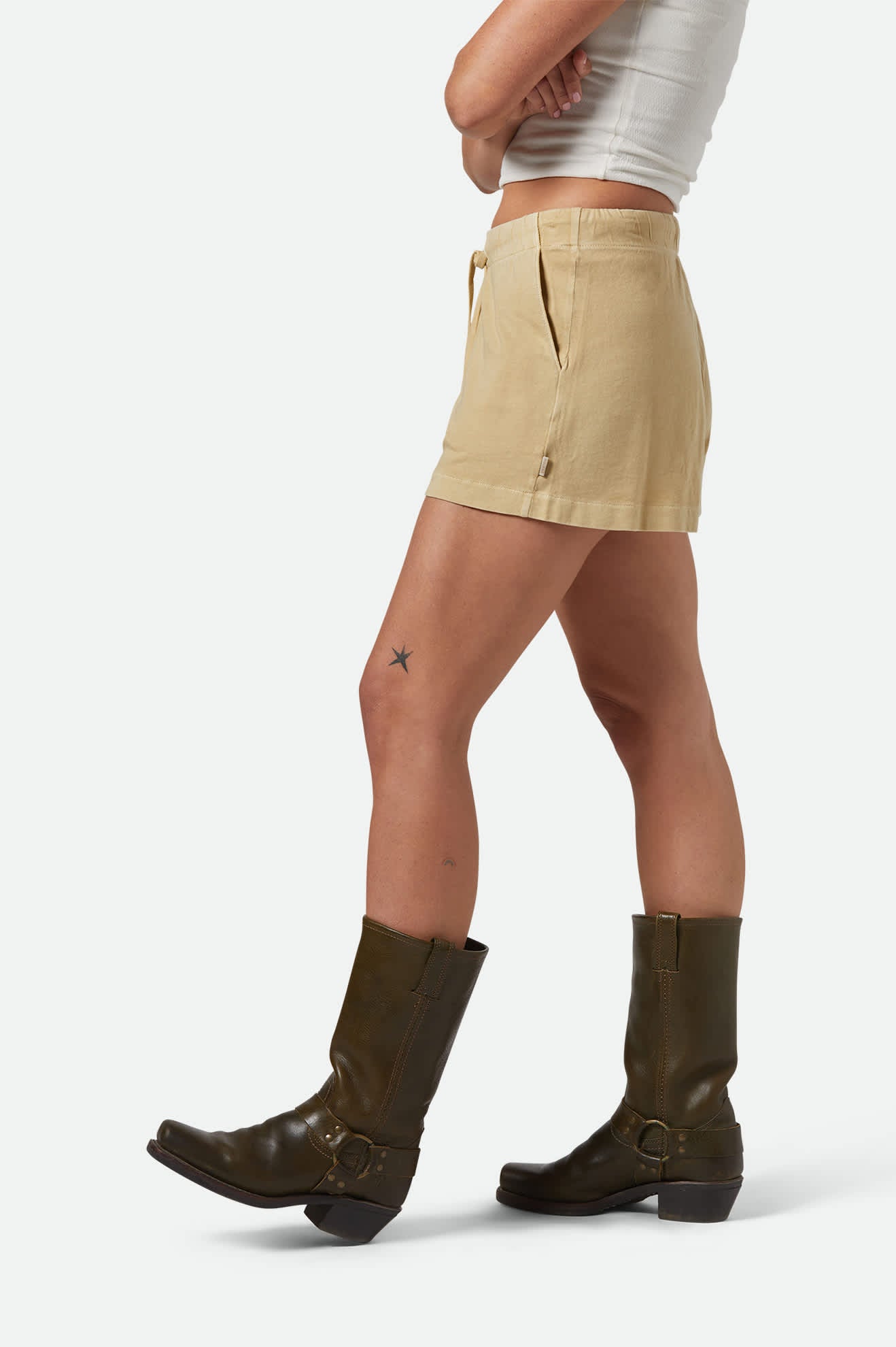 Women's Carefree Organic Garment Dyed Lounge Short in the color Pale Khaki - Women's Side View