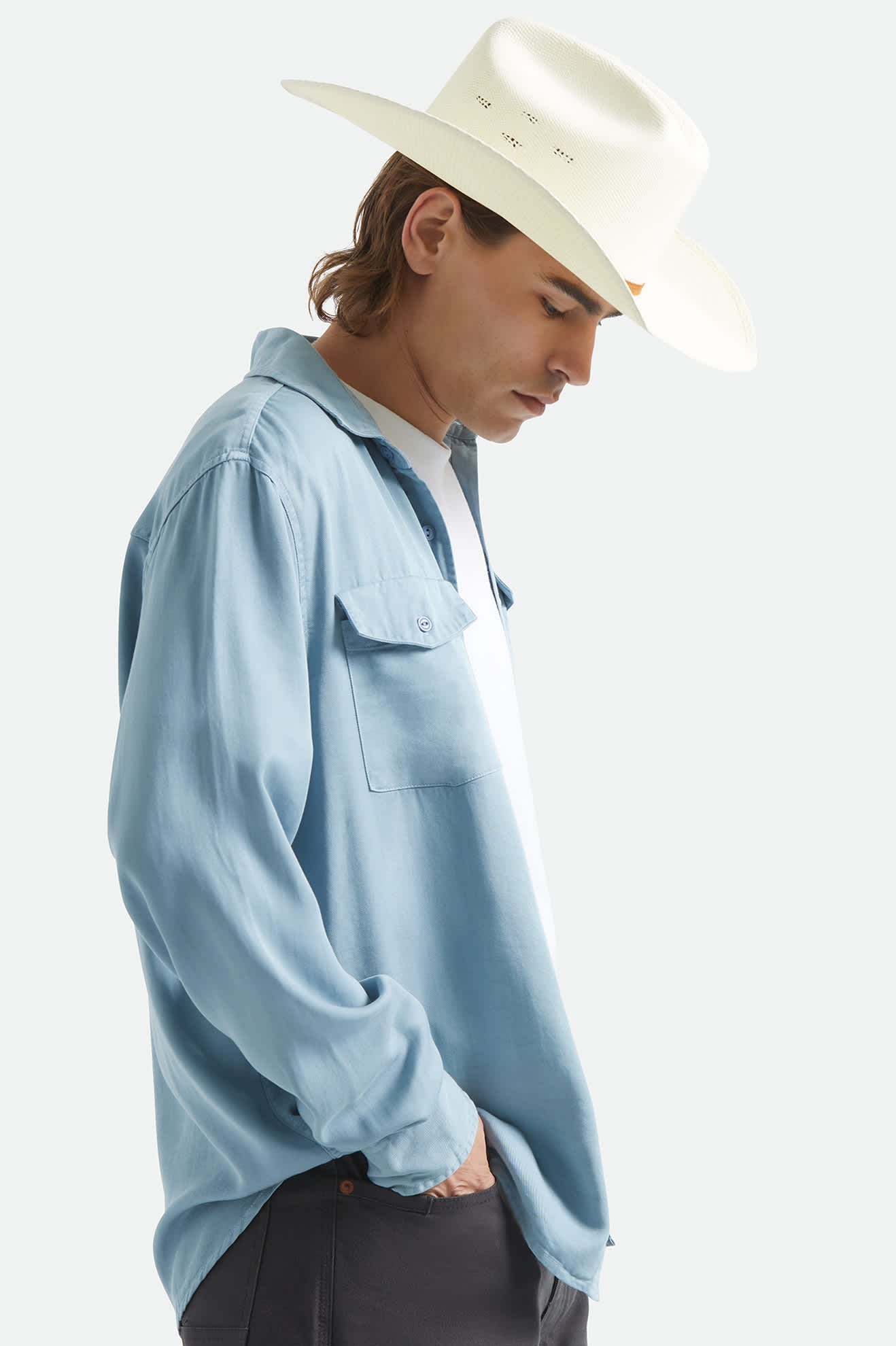Men's Cool Comfort Wayne Long Sleeve Shirt in the color Dusty Blue - Men's Side View