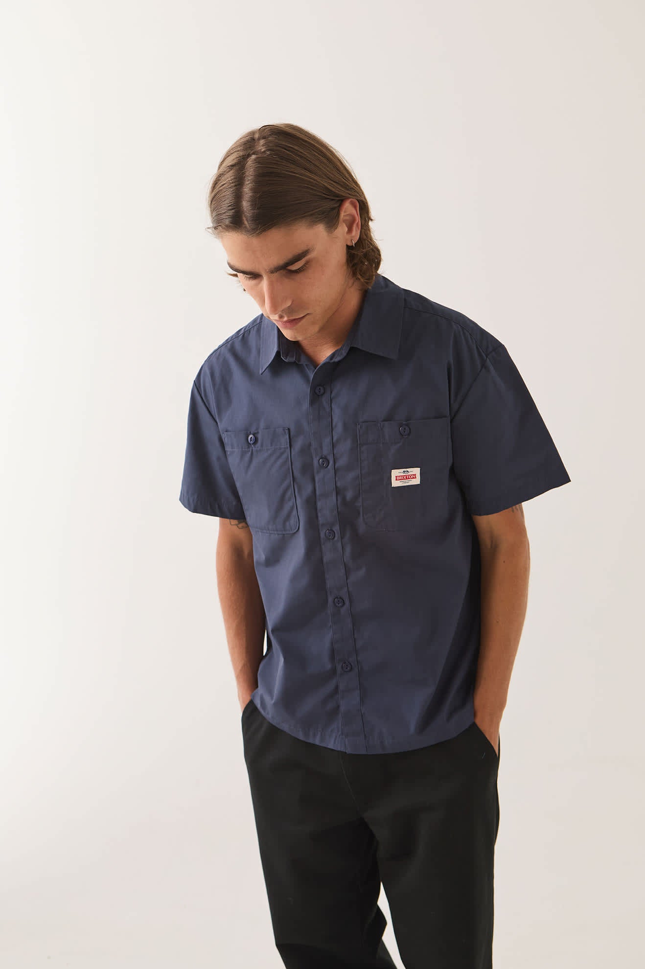 Men's Trademark Short Sleeve Shirt in the color Washed Navy - Men's Side View